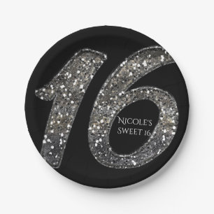 Black Sweet 16 Silver Glitzer Glam Geburtstagspart Pappteller