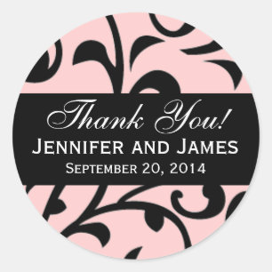 Black Swirl Damask Wedding Danke Labels Pink Runder Aufkleber