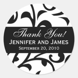Black Swirl Damask Wedding Danke Labels Runder Aufkleber