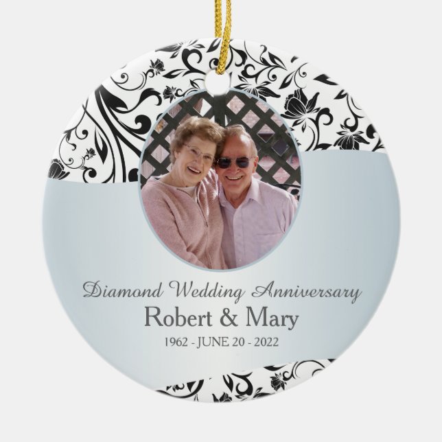 Black Swirl Diamond 60th Wedding Anniversary Foto Keramik Ornament (Vorne)