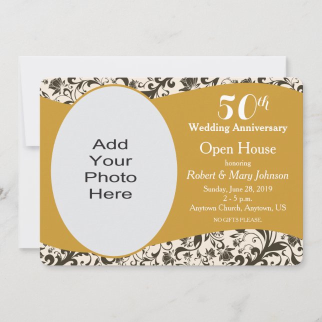 Black Swirl & Gold 50th Wedding Anniversary Foto Einladung (Vorderseite)