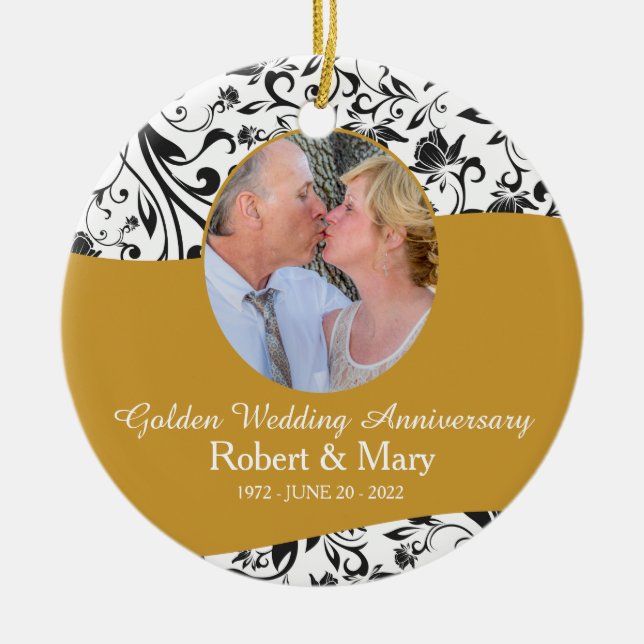 Black Swirl & Gold 50th Wedding Anniversary Foto Keramik Ornament (Vorne)