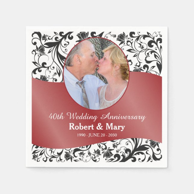 Black Swirl & Ruby 40th Wedding Anniversary Foto Serviette (Vorderseite)