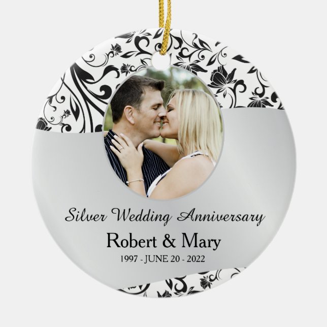 Black Swirl & Silver 25. Hochzeitstag Keramikornament (Vorne)