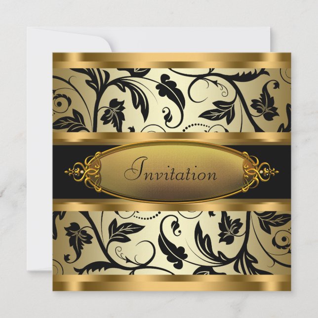 Black Swirl Vines Black Gold Jeder Anlass Party Einladung (Vorderseite)