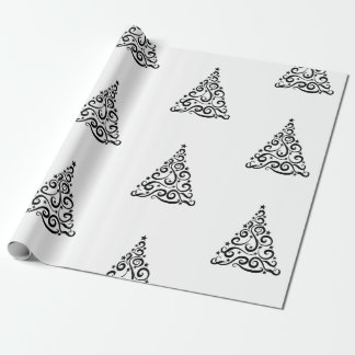 Black Swirls Christmas Trees on White Geschenkpapier