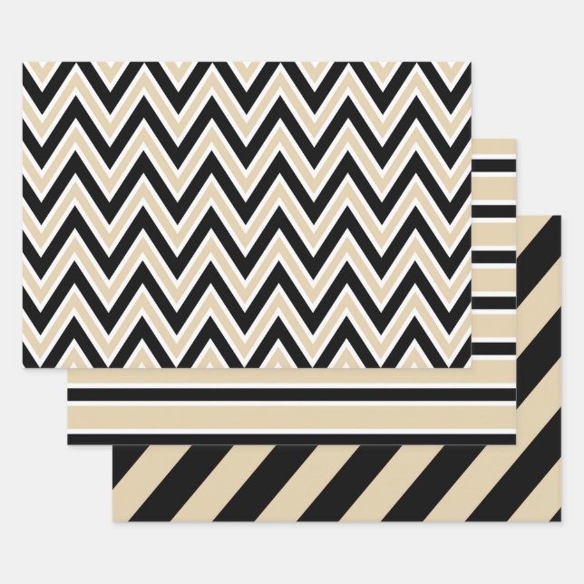 Black, Tan, and White Chevron & Bold Stripe Geschenkpapier Set (Set)