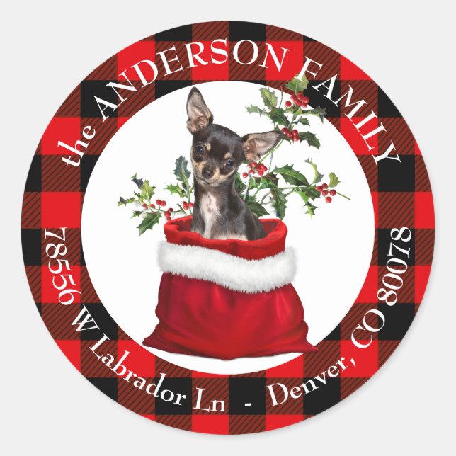 Black Tan Chihuahua Karierter Rahmen Runder Aufkleber (Vorderseite)