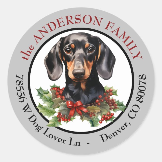 Black Tan Dackel Hund Weihnachten Rücksendeadresse Runder Aufkleber (Vorderseite)