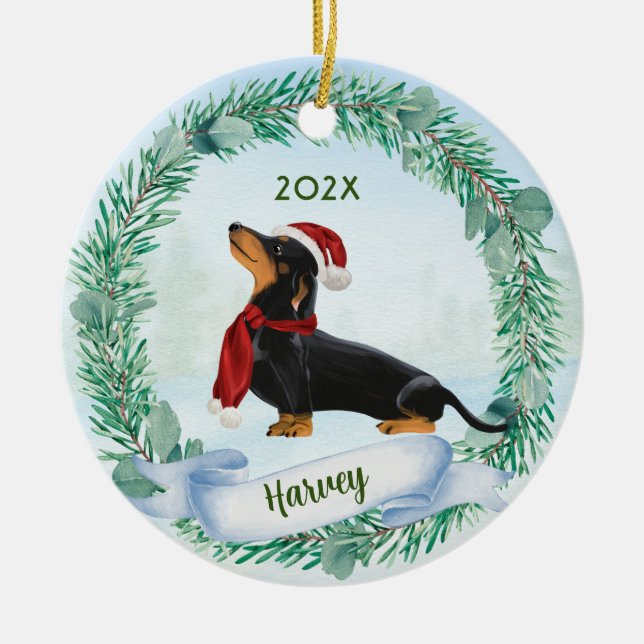 Black & Tan Dackel Wurst Hund Weihnachtsschrei Keramik Ornament (Vorne)