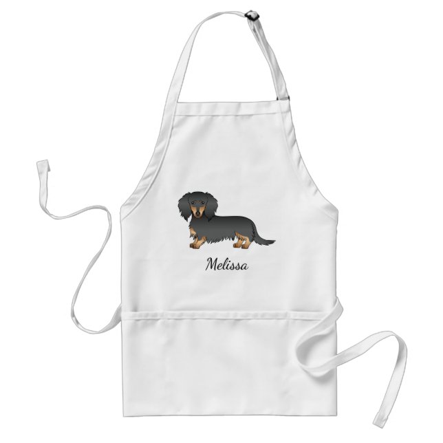 Black & Tan Long Hair Dackel Cartoon Dog & Name Schürze (Vorne)