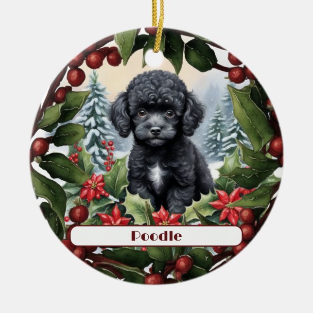 Black Teacup Poodle Puppy Custom Weihnachten Keramik Ornament (Vorne)