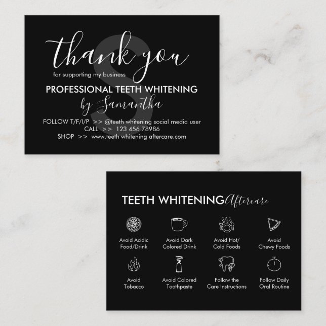 Black Teeth Whitening Aftercare Tipps Danke Visitenkarte (Vorne/Hinten)