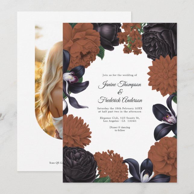 Black & Terracotta Photo/QR Code Floral Wedding Einladung (Vorne/Hinten)