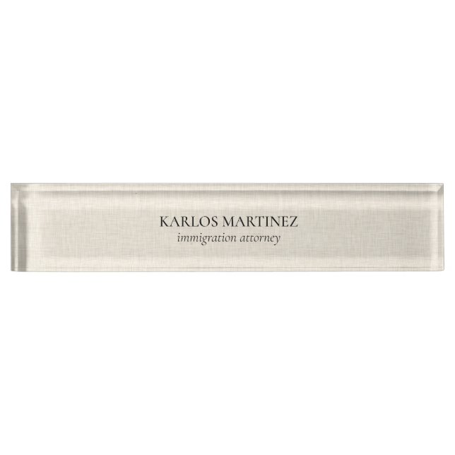 Black Text On Beige Linen Immigration Attorney Namensplakette (Vorderseite)