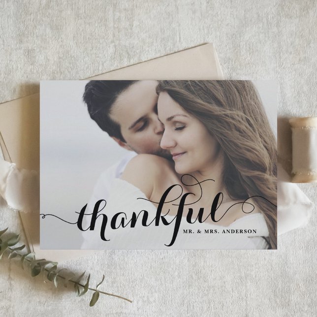 Black Thankful Modern Calligraphy Foto Wedding Dankeskarte (Von Creator hochgeladen)