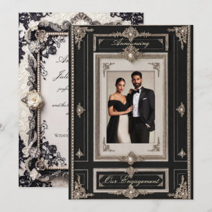 Black Tie Engagement Elegante Schwarz Weiß Foto Einladung