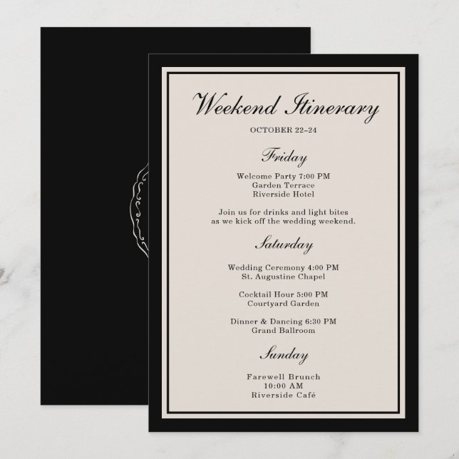 Black Tie Wedding Weekend Itinerary Card Einladung (Vorne/Hinten)