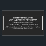 Black Timeless Certificate of Authenticity Rechteckiger Aufkleber<br><div class="desc">Minimalistischer Echtheitsnachweis in schwarz mit weißem Text, dem Sie Ihren Namen in einem sauberen Rahmen hinzufügen können. Schwarzes Echtheitszertifikat in zeitlosem Design mit eleganten Schriftart und allen anpassbaren Texten.</div>