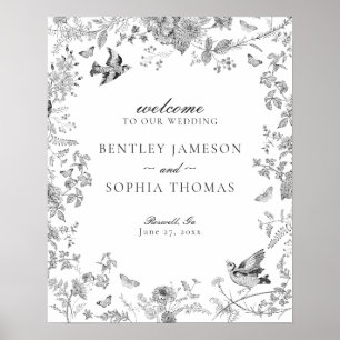 Black Toile De Jouy Floral Wedding Willkommenszeic Poster
