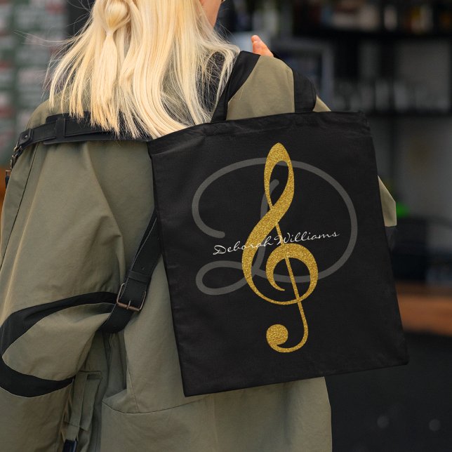 Black Tote Bag mit ihrem Namen und ihrem Klappen Tasche (music style)