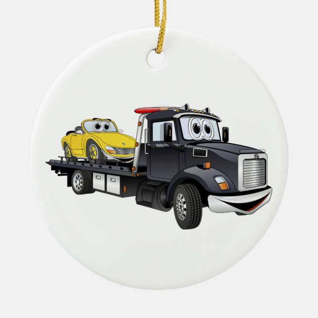 Black Tow Truck Flatbed Cartoon Keramikornament (Vorne)
