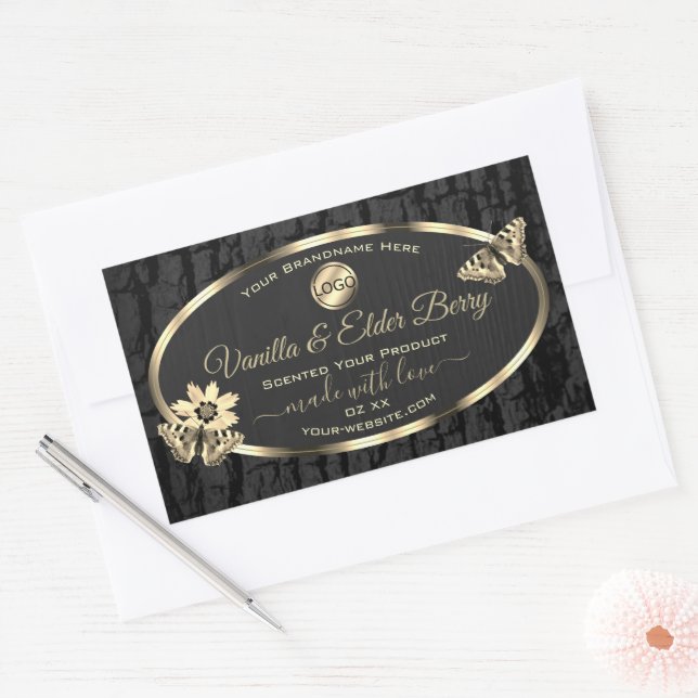 Black Tree Bark Wood Grain Gold Étiquette Logo (Enveloppe)