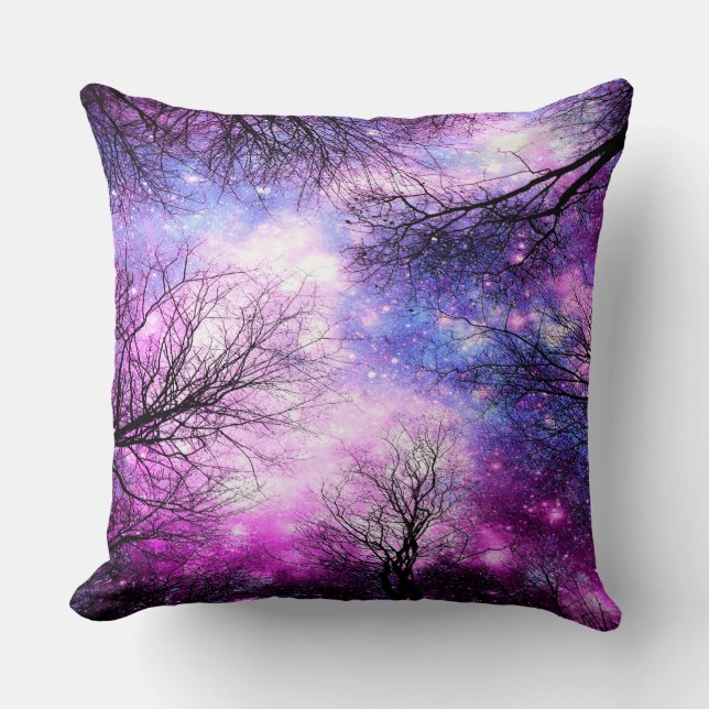 Black Trees Fuchsia Violet Space Pillow Kissen (Vorderseite)