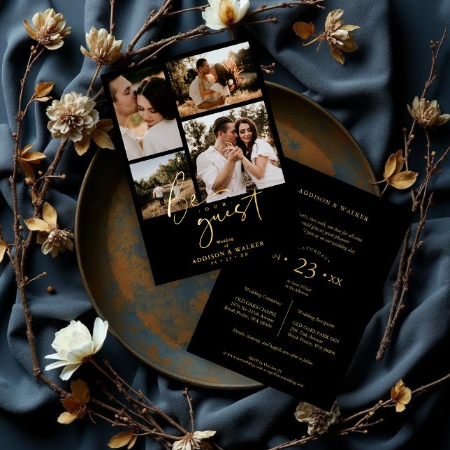 Black Trendy Collage Wedding 4 Fotos Real Golden Folieneinladung (Black Trendy Collage Wedding 4 photos Real Golden Foil Invitation Card with Envelope.)