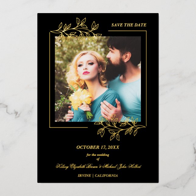 Black Trendy Modern Branches Gold Effect Photo Folieneinladung (Vorderseite)