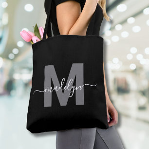 Black Trendy Modern Script Name Monogram Tasche