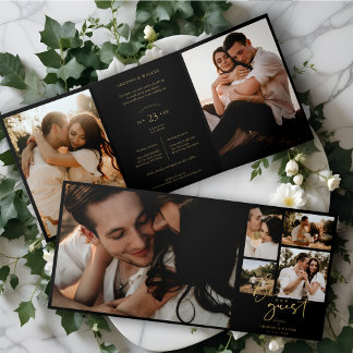 Black Trendy & Stylish Collage Wedding 7 Fotos Dreifach Gefaltete Einladung