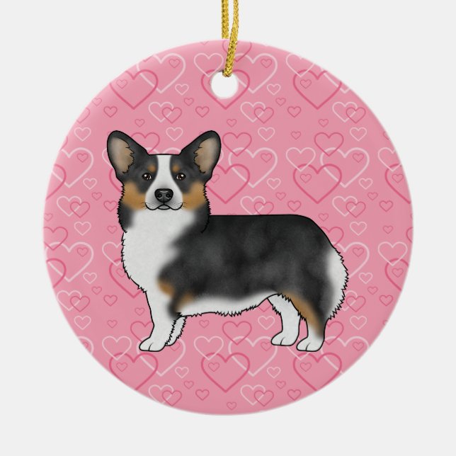 Black Tri Pembroke walisisches Corgi Herz mit Name Keramik Ornament (Vorne)