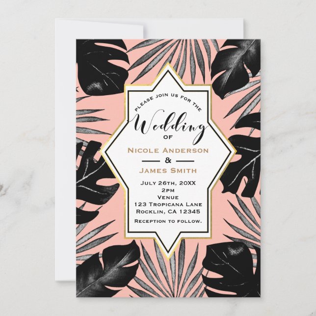 Black Tropical Blätter & Coral Peach Gold Hochzeit Einladung (Vorderseite)