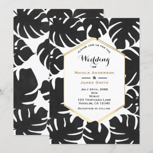 Black Tropical Blätter White & Gold Chic Wedding Einladung
