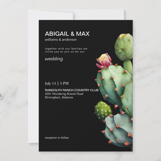 Black Tropical Cactus Modern Wedding Einladung (Vorderseite)