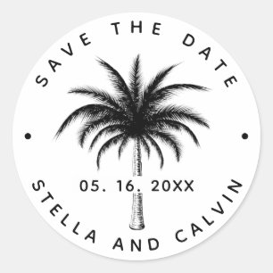Black Tropical Palm Tree Save the Date Classic Rou Runder Aufkleber
