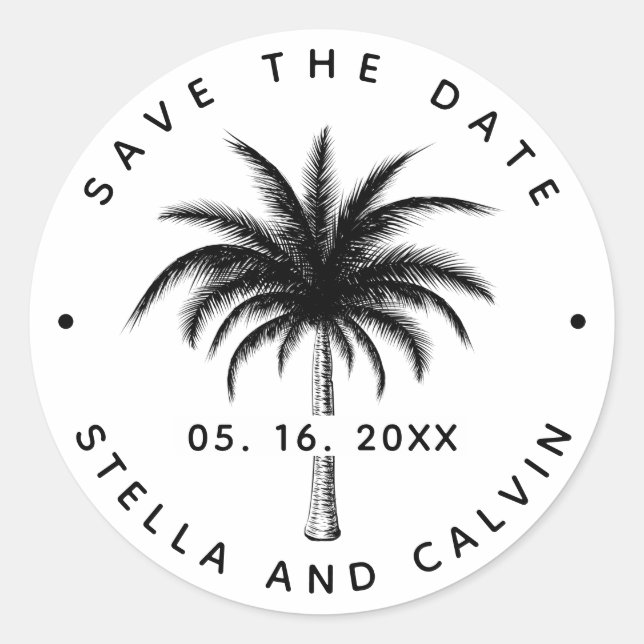 Black Tropical Palm Tree Save the Date Classic Rou Runder Aufkleber (Vorderseite)