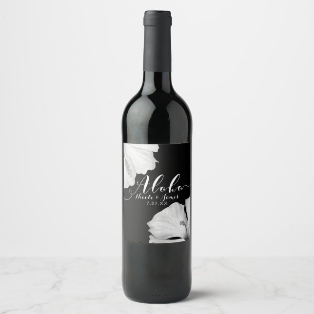 Black Tropical Wedding Aloha Wein aus weißem Hibis Weinetikett (Vorderseite)