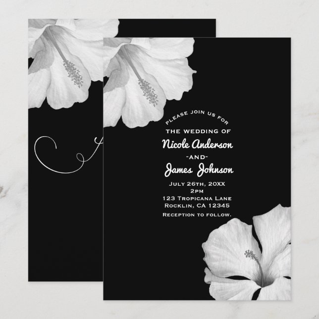 Black Tropical Wedding Einladungen von White Hibis (Vorne/Hinten)