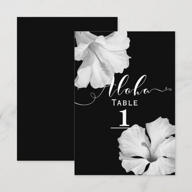 Black Tropical Wedding Tischnummer White Hibiskus (Vorne/Hinten)