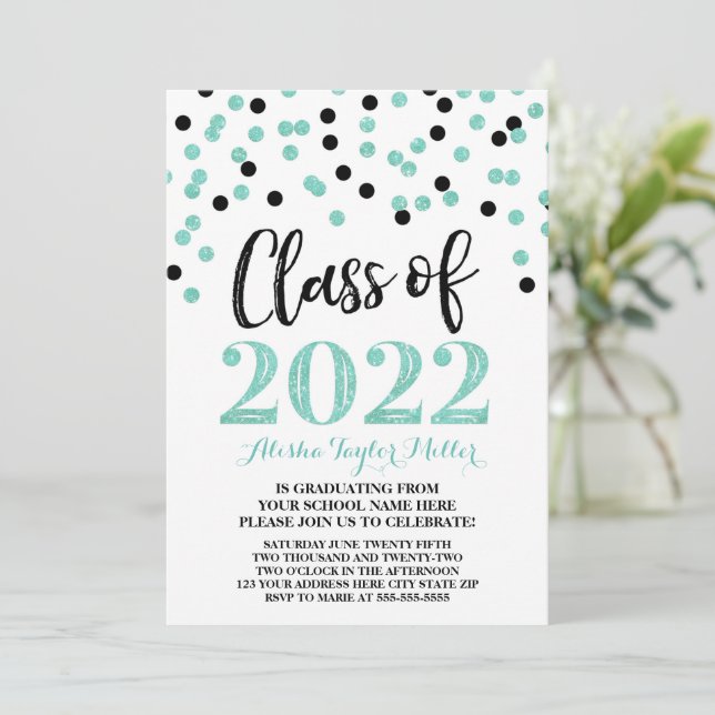 Black Turquoise Confetti Graduation Party 2022 Einladung (Stehend Vorderseite)
