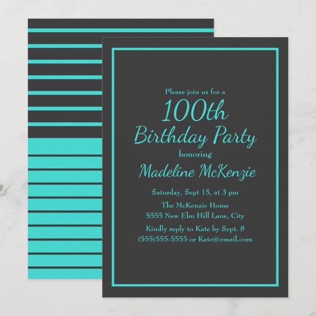 Black Turquoise Striped 100th Birthday Party Einladung (Vorne/Hinten)