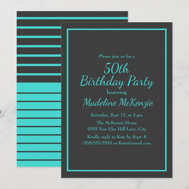 Black Turquoise Striped 50th Birthday Party Einladung (Vorne/Hinten)