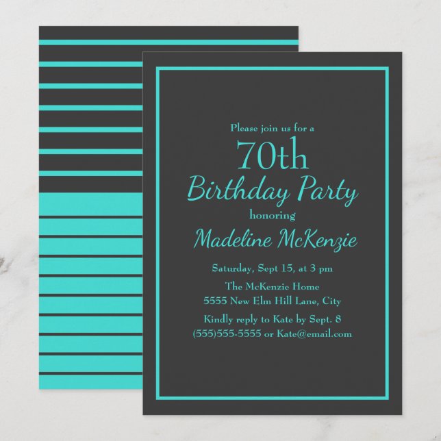 Black Turquoise Striped 70th Birthday Party Einladung (Vorne/Hinten)