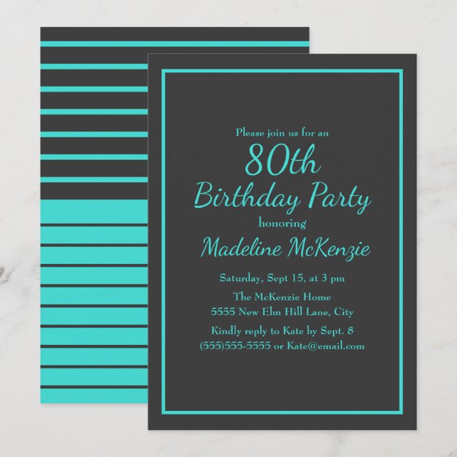 Black Turquoise Striped 80th Birthday Party Einladung (Vorne/Hinten)