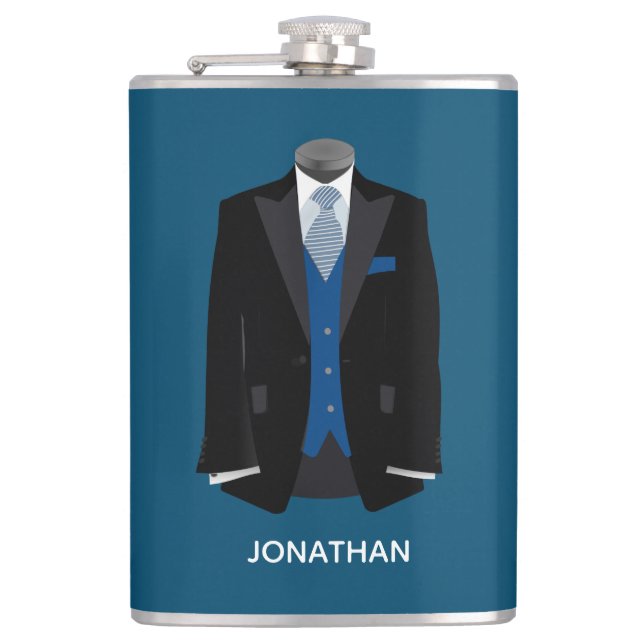 Black Tux mit Blue Vest personalize Wedding Flachmann (Vorderseite)