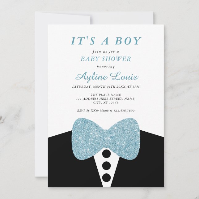 Black Tuxedo Blue Glitzer Bow Krawatte Baby Boy Du Einladung (Vorderseite)