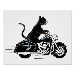 Black Tuxedo Cat Reiten Ein Motorrad Poster