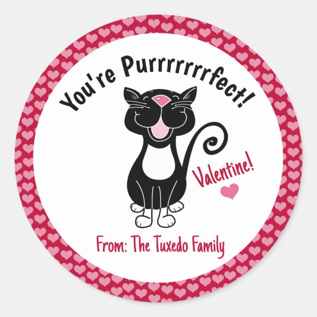 Black Tuxedo Cat Valentine's Day Red Hearts Runder Aufkleber (Vorderseite)